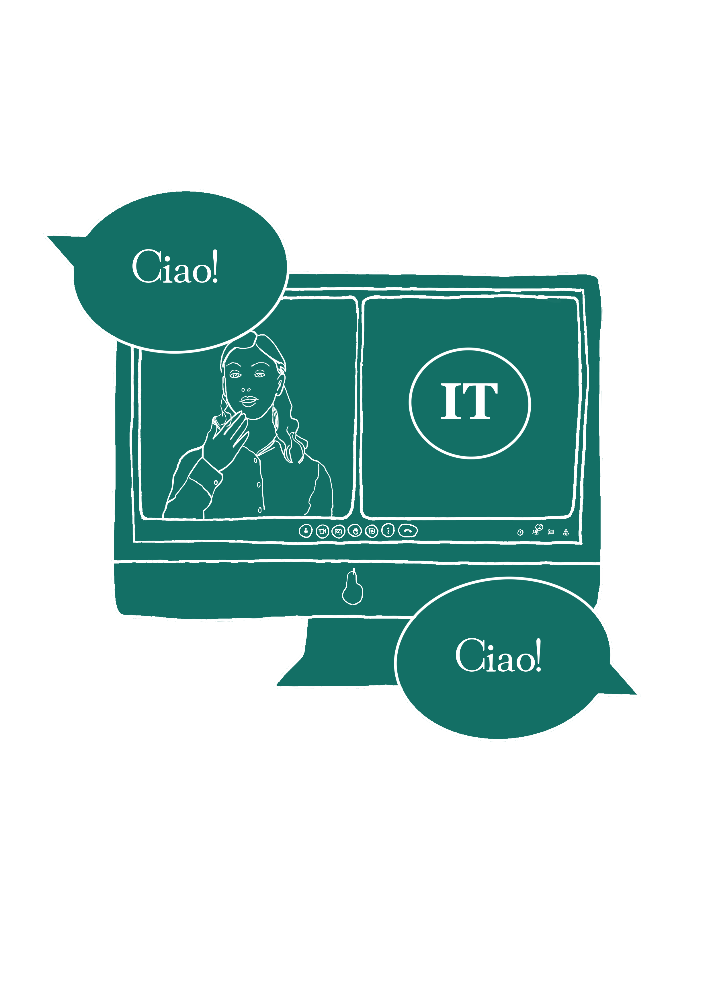 Online Italian lesson on a video call, with Ciao! speech bubbles
